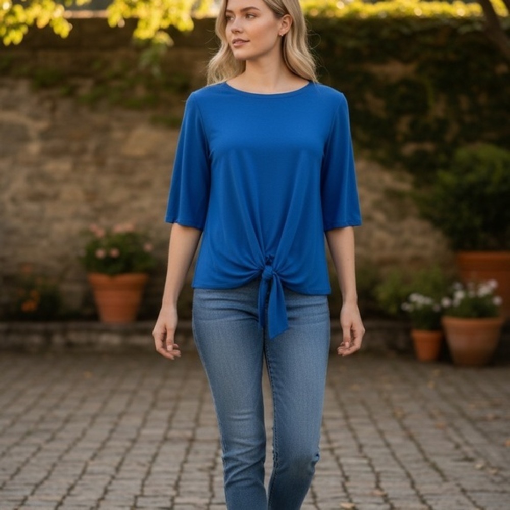 VERSONA Royal Blue Tie Front Flutter Sleeve Romantic Feminine Top Women's XS